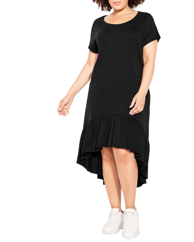 Front of a model wearing a size 14 Ella Ruffle Dress in Black by Zim & Zoe. | dia_product_style_image_id:211756